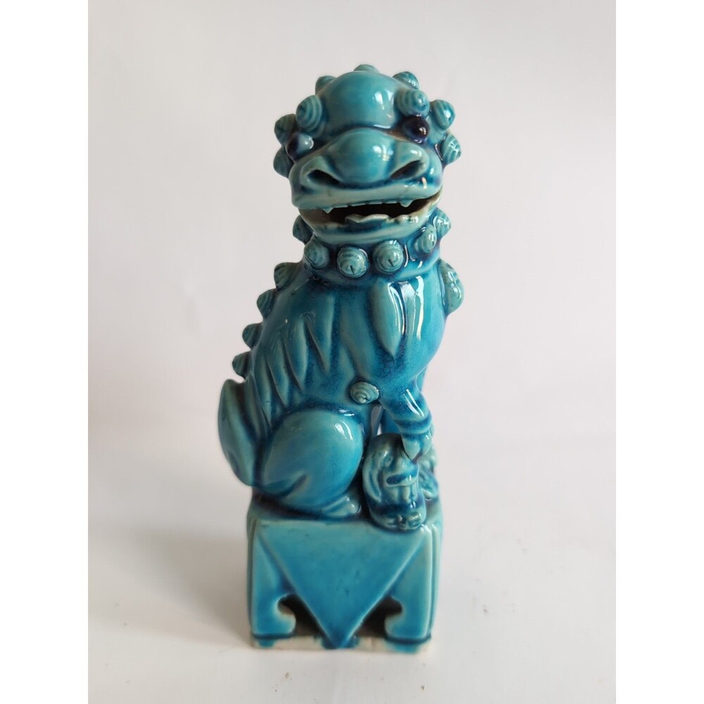 Antique Turquoise Blue Chinese Foo Dog 6" Glaze Porcelain Ornate Ceramic Figure